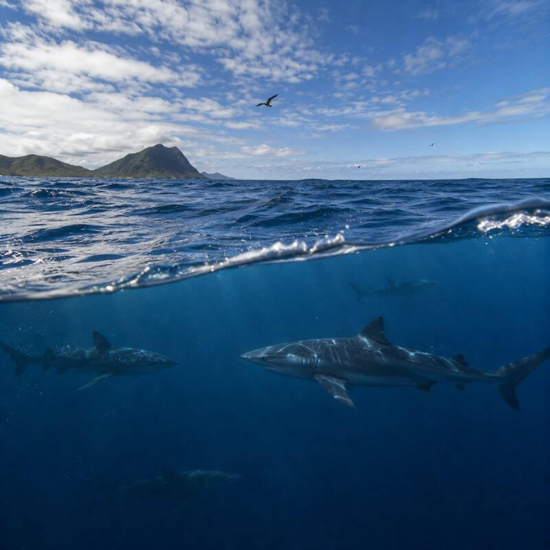 Pelagic sharks beneath the ocean surface Pelagic sharks beneath the ocean surface